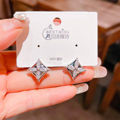 925 needle elegant diamond clover square studs earrings