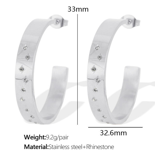 Concise easy match rhinestone setting stainless steel big hoop earrings finger rings