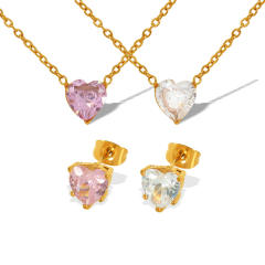 Concise white pink heart cubic zircon stainless steel necklace set