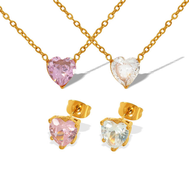 Concise white pink heart cubic zircon stainless steel necklace set