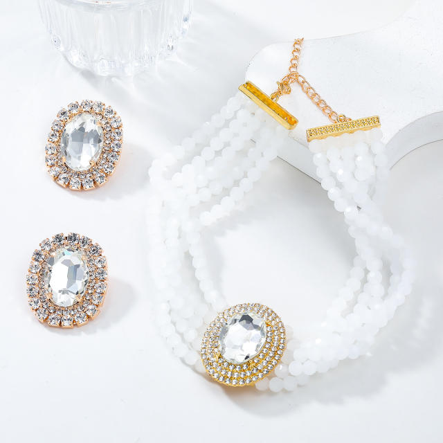Luxury blue white color diamond earrings strand choker necklace set prom necklace