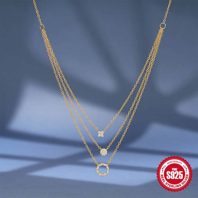 925 sterling silver diamond three layer bezel necklace