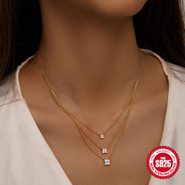 925 sterling silver diamond three layer bezel necklace