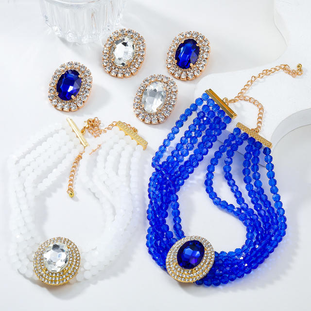 Luxury blue white color diamond earrings strand choker necklace set prom necklace
