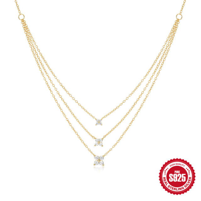 925 sterling silver diamond three layer bezel necklace