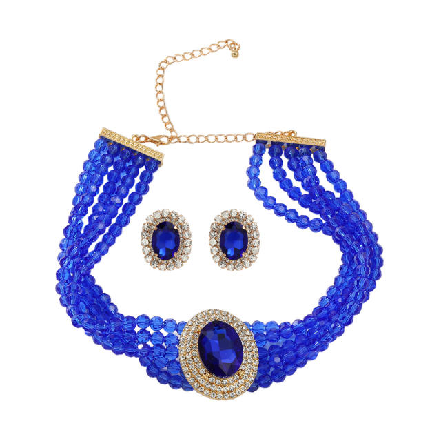 Luxury blue white color diamond earrings strand choker necklace set prom necklace