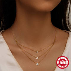 925 sterling silver diamond three layer bezel necklace