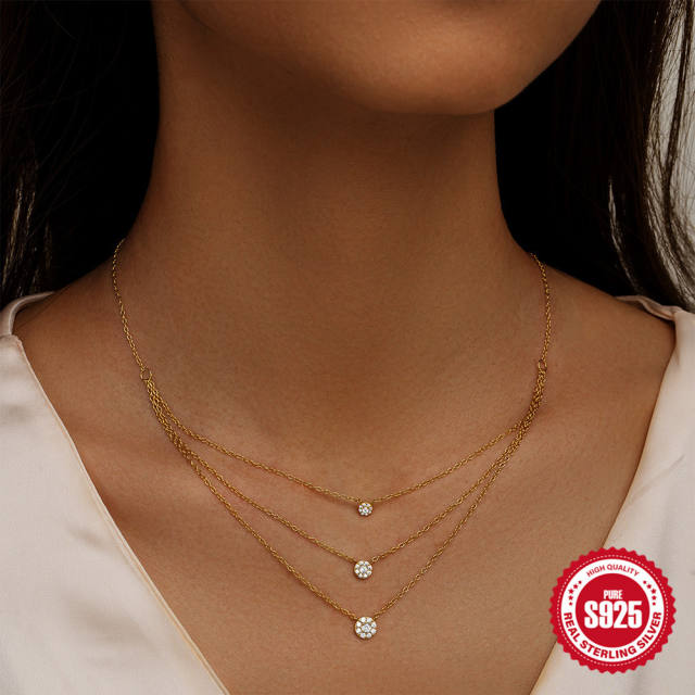 925 sterling silver diamond three layer bezel necklace