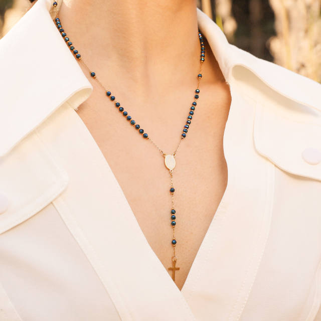 Classic blue pearl bead Virgin Mary Cross stainless steel necklace Rosary Necklace