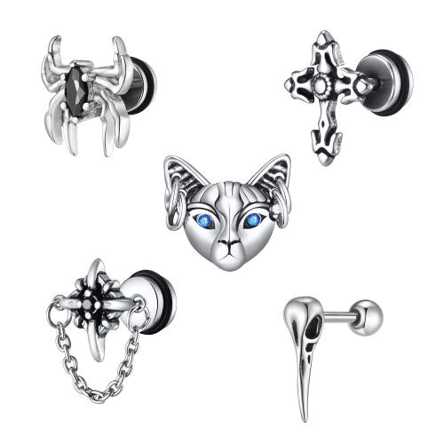 Hiphop silver color owl spider cross skull design stainless steel studs earrings for men 1pcs price