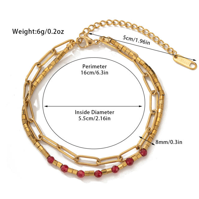 Boho natural stone bead layer stainless steel chain bracelet