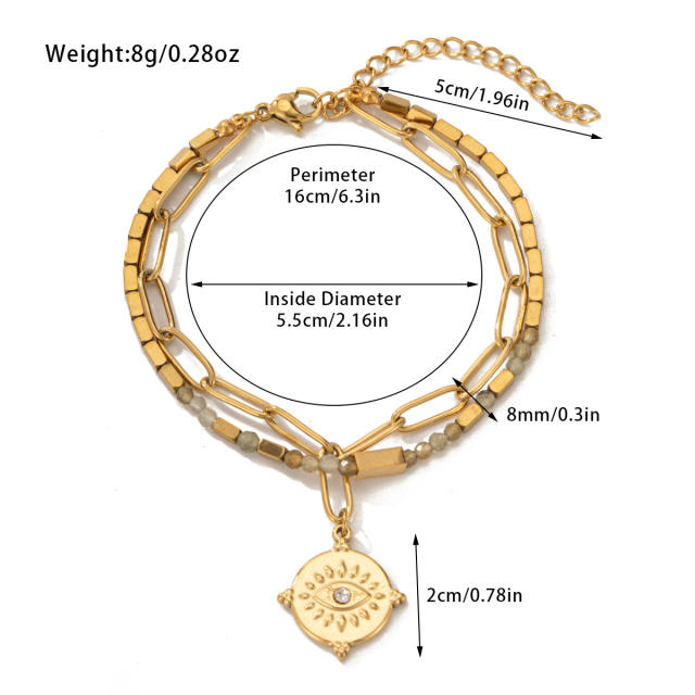 Boho natural stone bead layer stainless steel chain bracelet