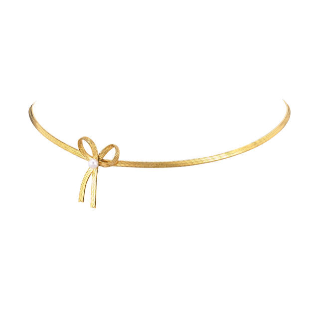 Chic bow stainless steel snake chain choker necklace