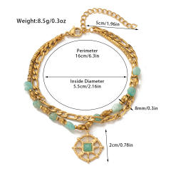 Boho natural stone bead layer stainless steel chain bracelet