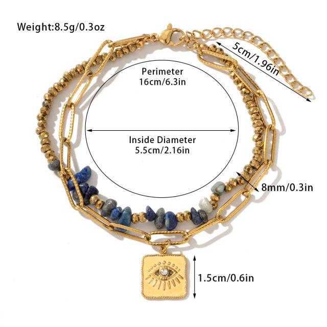Boho natural stone bead layer stainless steel chain bracelet
