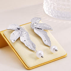 Vintage leaf design pearl drop stainless steel earrings