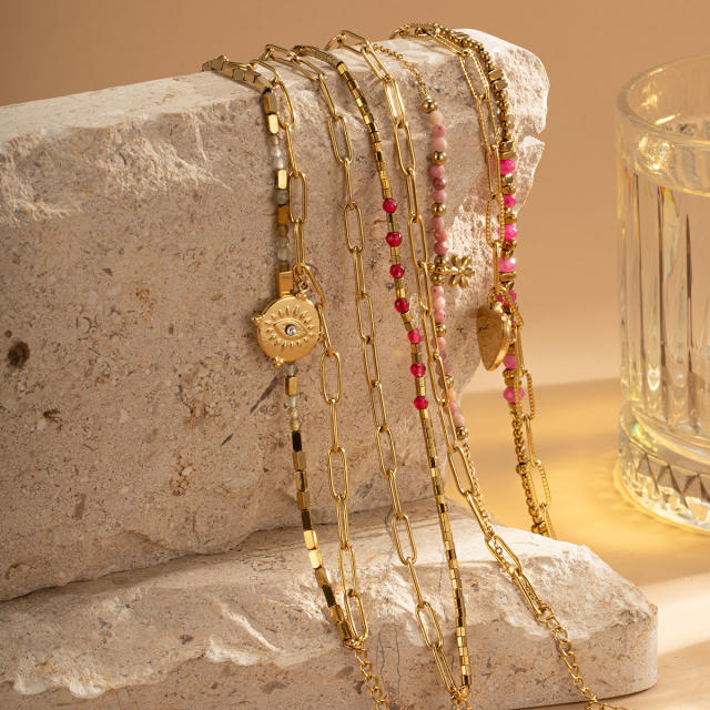 Boho natural stone bead layer stainless steel chain bracelet
