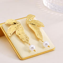 Vintage leaf design pearl drop stainless steel earrings