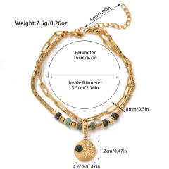 Boho natural stone bead layer stainless steel chain bracelet