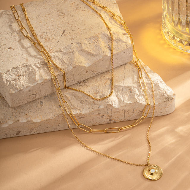 Boho three layer coin pendant stainless steel necklace
