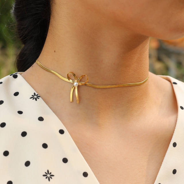 Chic bow stainless steel snake chain choker necklace