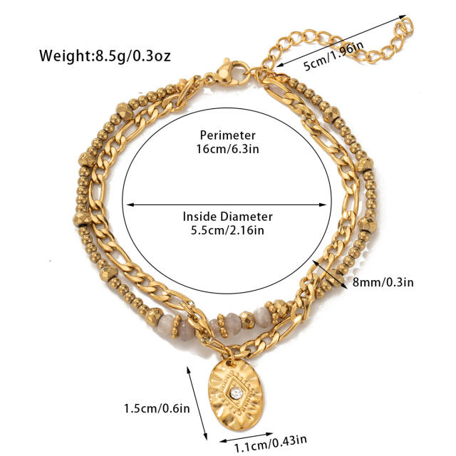 Boho natural stone bead layer stainless steel chain bracelet
