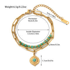 Boho natural stone bead layer stainless steel chain bracelet