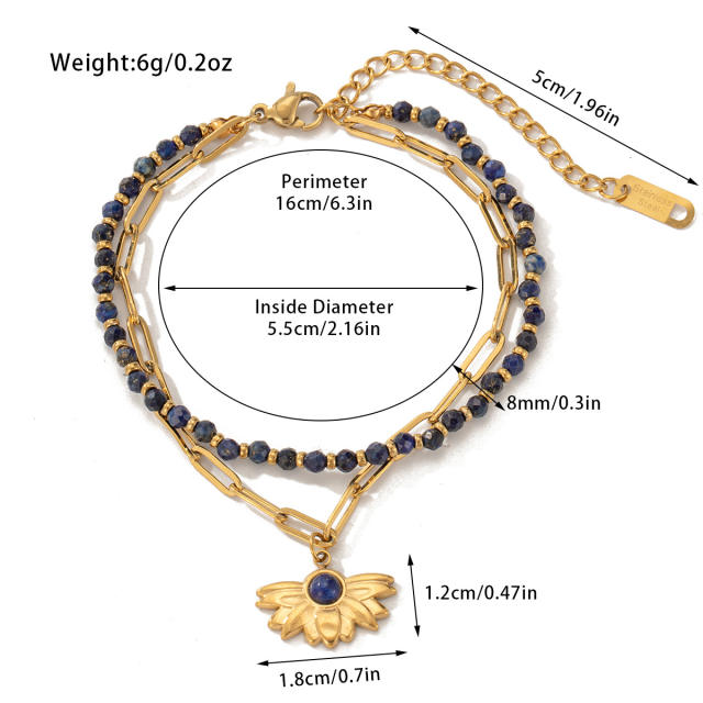 Boho natural stone bead layer stainless steel chain bracelet
