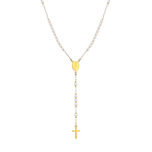 Classic blue pearl bead Virgin Mary Cross stainless steel necklace Rosary Necklace