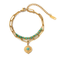 Boho natural stone bead layer stainless steel chain bracelet