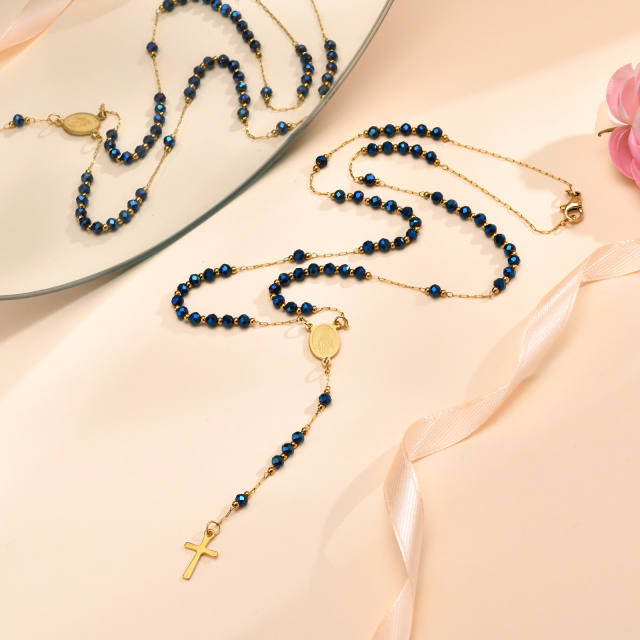 Classic blue pearl bead Virgin Mary Cross stainless steel necklace Rosary Necklace
