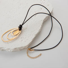 Concise geometric stainless steel charm black rope necklace