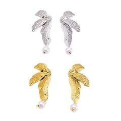 Vintage leaf design pearl drop stainless steel earrings