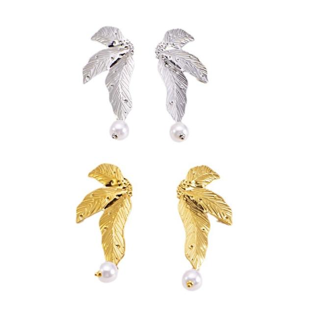 Vintage leaf design pearl drop stainless steel earrings