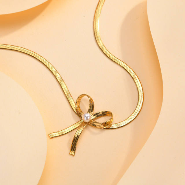 Chic bow stainless steel snake chain choker necklace