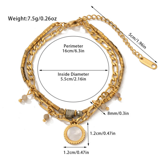 Boho natural stone bead layer stainless steel chain bracelet