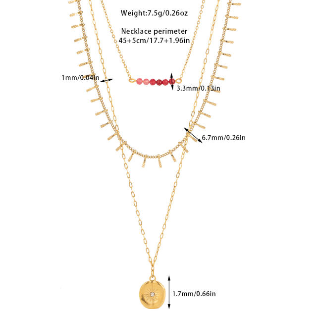 Boho three layer coin pendant stainless steel necklace