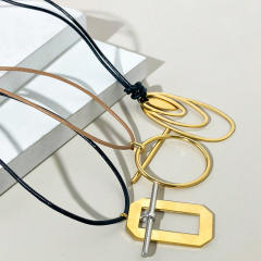 Concise geometric stainless steel charm black rope necklace