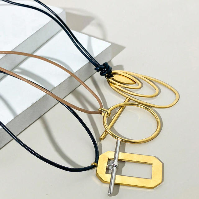Concise geometric stainless steel charm black rope necklace