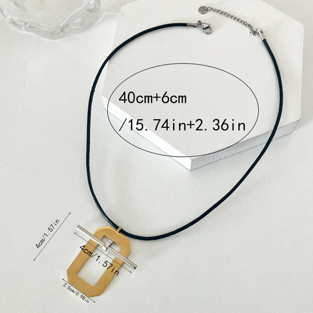 Concise geometric stainless steel charm black rope necklace
