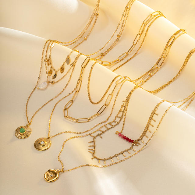 Boho three layer coin pendant stainless steel necklace