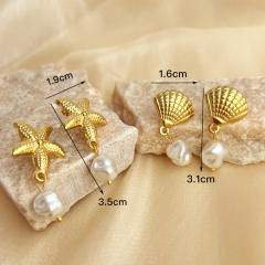 Holiday ocean series starfish shell pearl drop stainless steel earrings