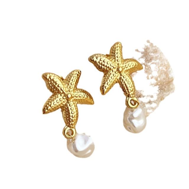 Holiday ocean series starfish shell pearl drop stainless steel earrings