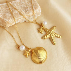Dainty Ocean series shell starfish pendant stainless steel necklace