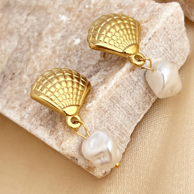 Holiday ocean series starfish shell pearl drop stainless steel earrings