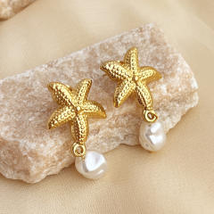 Holiday ocean series starfish shell pearl drop stainless steel earrings