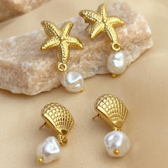 Holiday ocean series starfish shell pearl drop stainless steel earrings