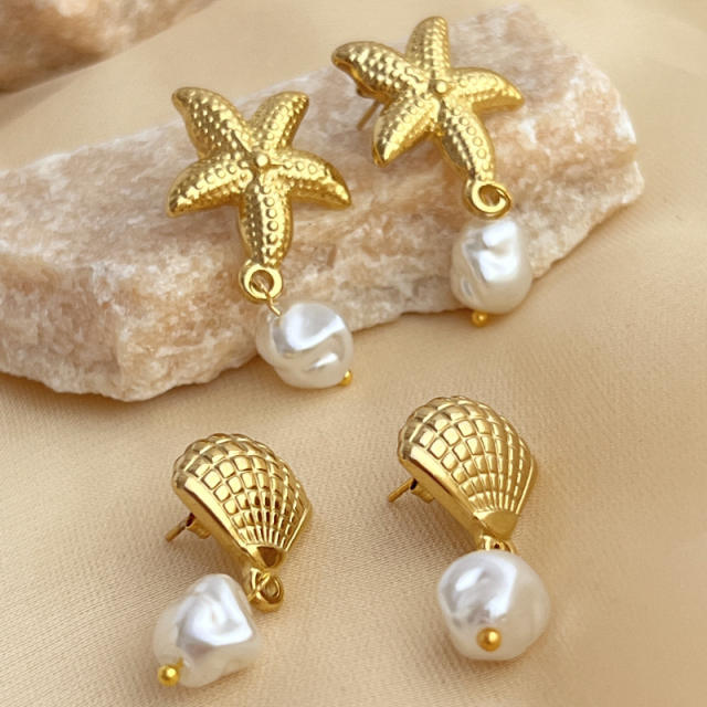 Holiday ocean series starfish shell pearl drop stainless steel earrings