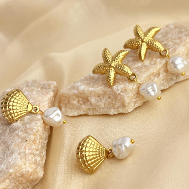 Holiday ocean series starfish shell pearl drop stainless steel earrings