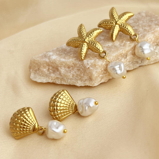 Holiday ocean series starfish shell pearl drop stainless steel earrings